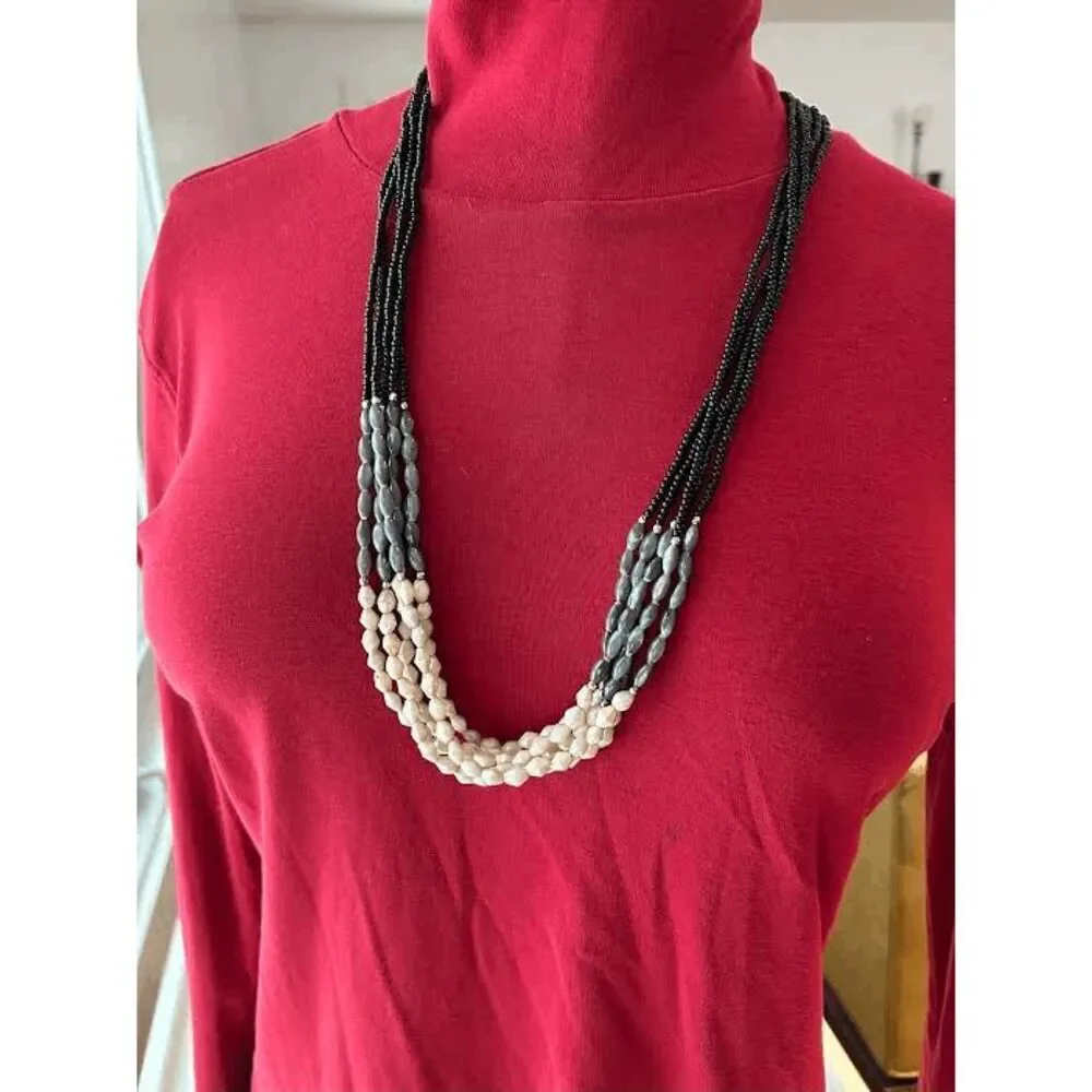 LOFT Timeless Black, Gray And Cream Color Long Beaded Necklace